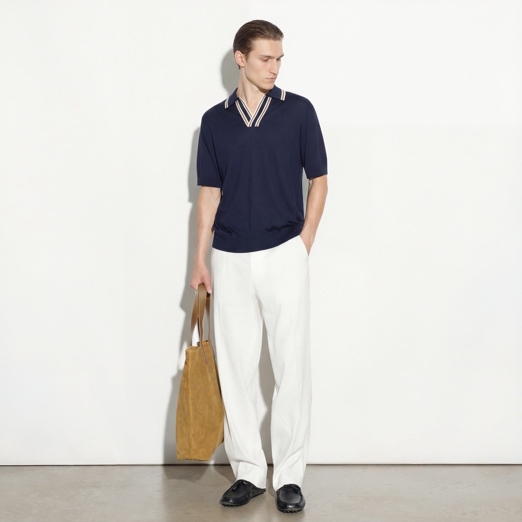 Maglia a Polo Loose Fit in Seta Cotone con Collo a Contrasto Blu Maglia A Polo Paolo Pecora