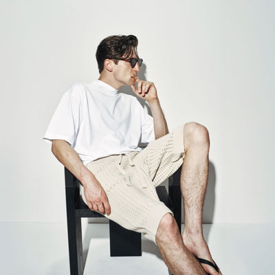 Bermuda con Cintura Elastica in Maglia Traforata Beige Bermuda Maglia Paolo Pecora