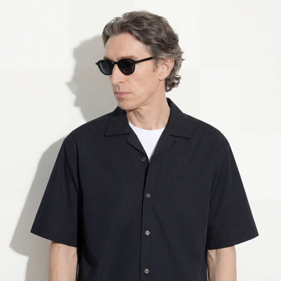 Camicia Boxy Fit a Manica Corta in Cotone Nero Camicia Tessuto Paolo Pecora
