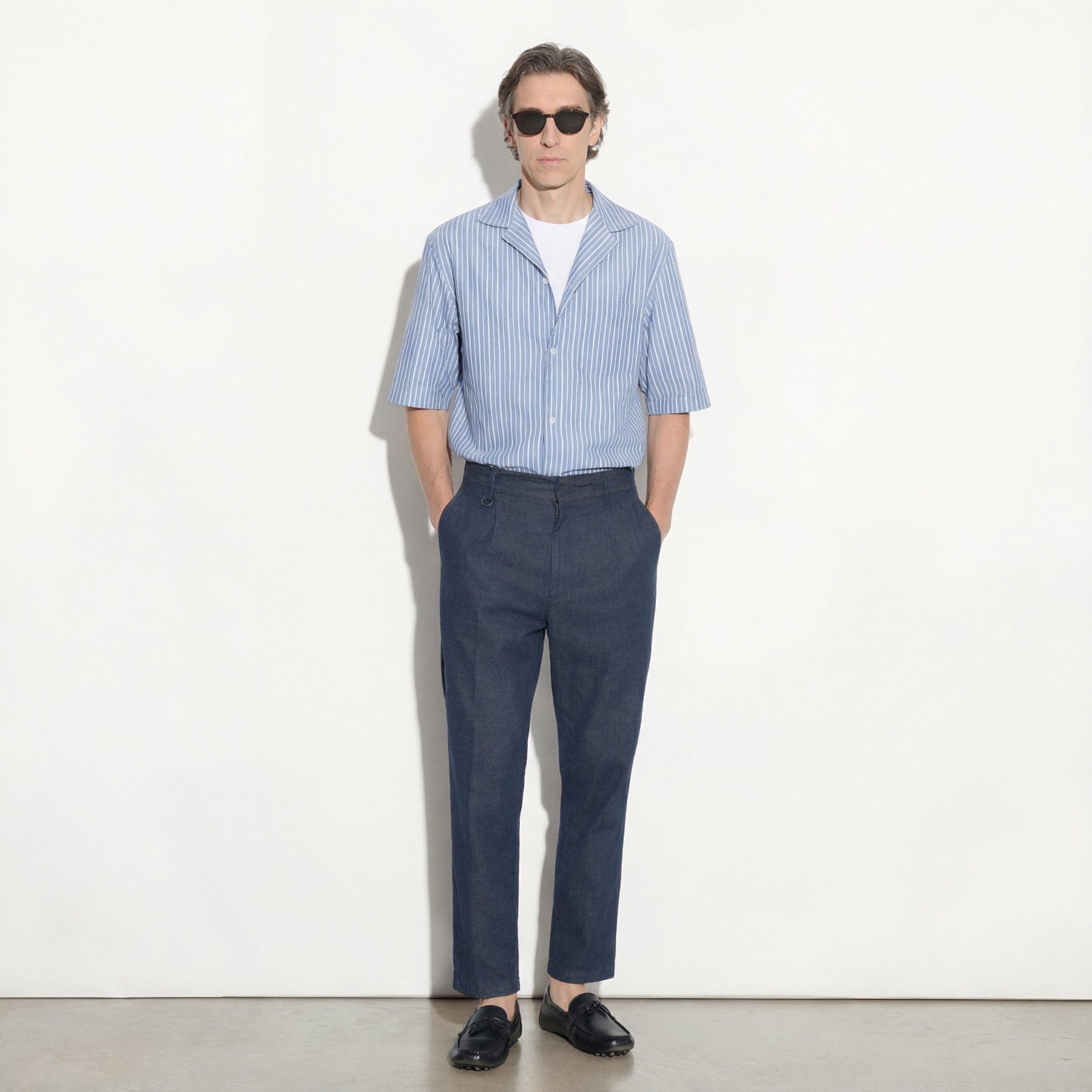 Camicia Boxy Fit a Maniche Corte in Cotone a Righe Azzurro e Bianco Camicia Tessuto Paolo Pecora