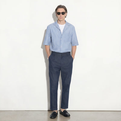 Camicia Boxy Fit a Maniche Corte in Cotone a Righe Azzurro e Bianco Camicia Tessuto Paolo Pecora