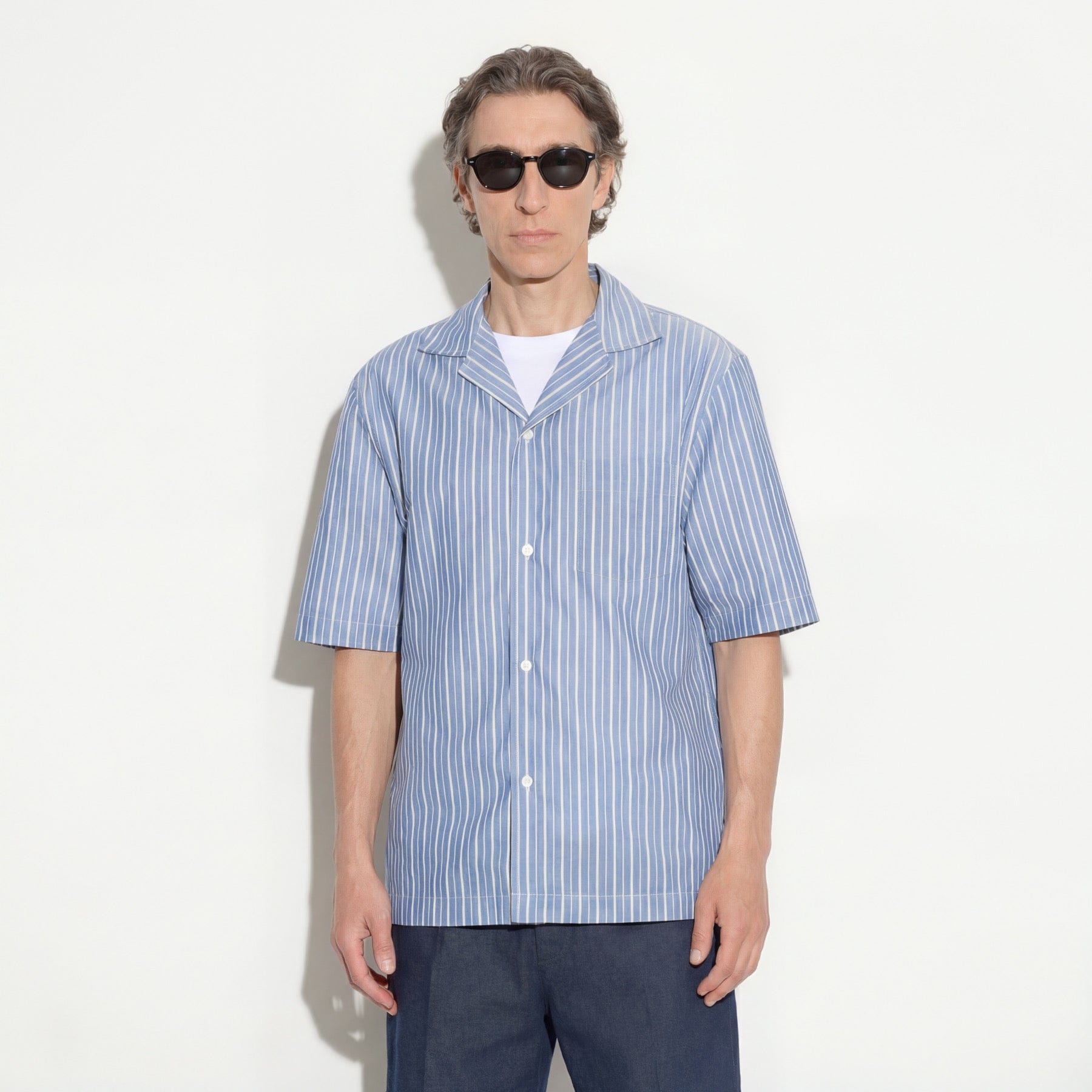 Camicia Boxy Fit a Maniche Corte in Cotone a Righe Azzurro e Bianco Camicia Tessuto Paolo Pecora