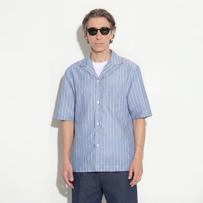 Camicia Boxy Fit a Maniche Corte in Cotone a Righe Azzurro e Bianco Camicia Tessuto Paolo Pecora
