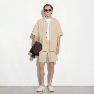 Camicia Boxy Fit a Maniche Corte in Cotone a Righe Beige e Bianco Camicia Tessuto Paolo Pecora