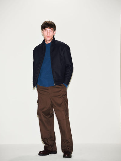 Giubbotto Loose Fit in Panno di Lana Blu Giubbotto Tessuto Paolo Pecora