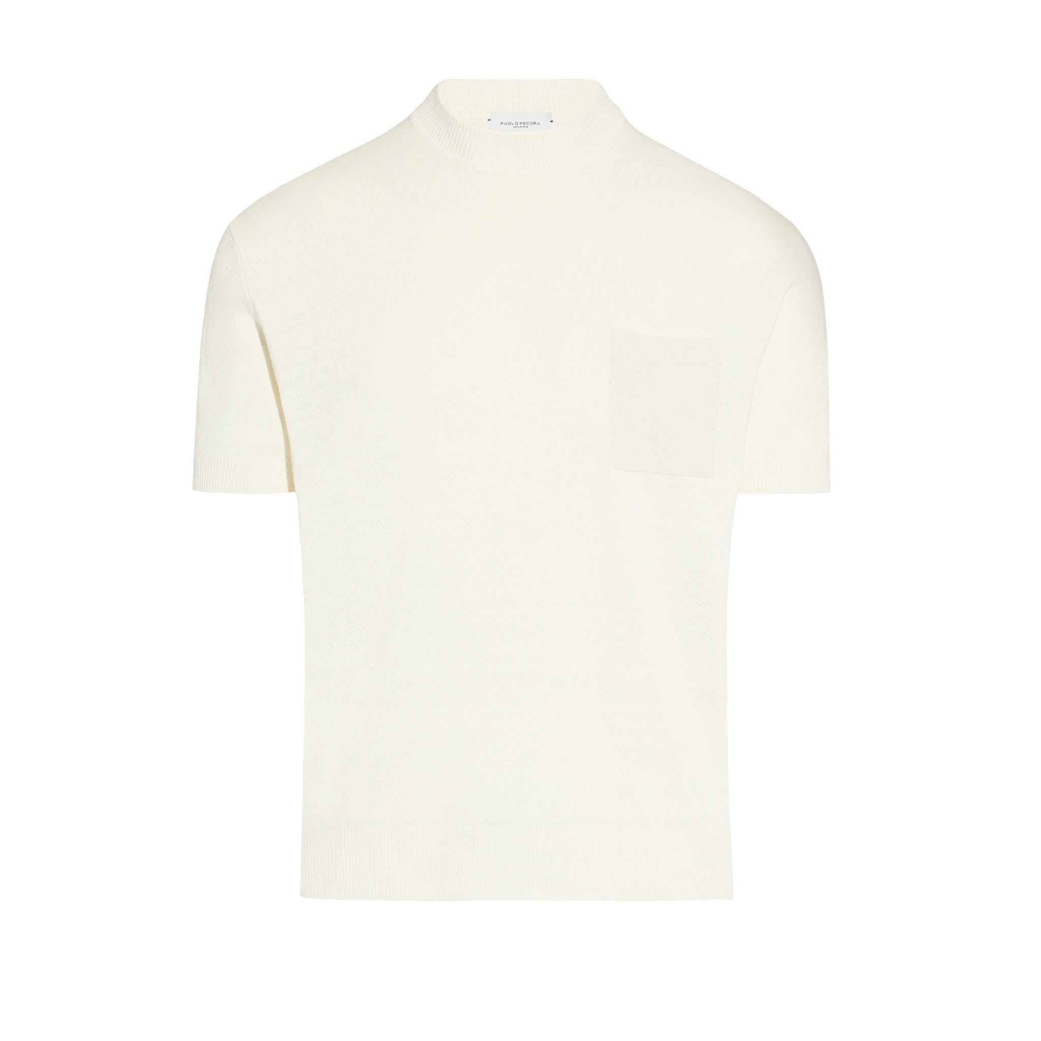 Maglia Girocollo con Tasca a Maniche Corte in Seta Panna Maglia Girocollo Paolo Pecora