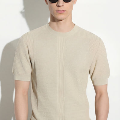 Maglia Girocollo in Cotone Lavorato Beige Maglia Girocollo Paolo Pecora