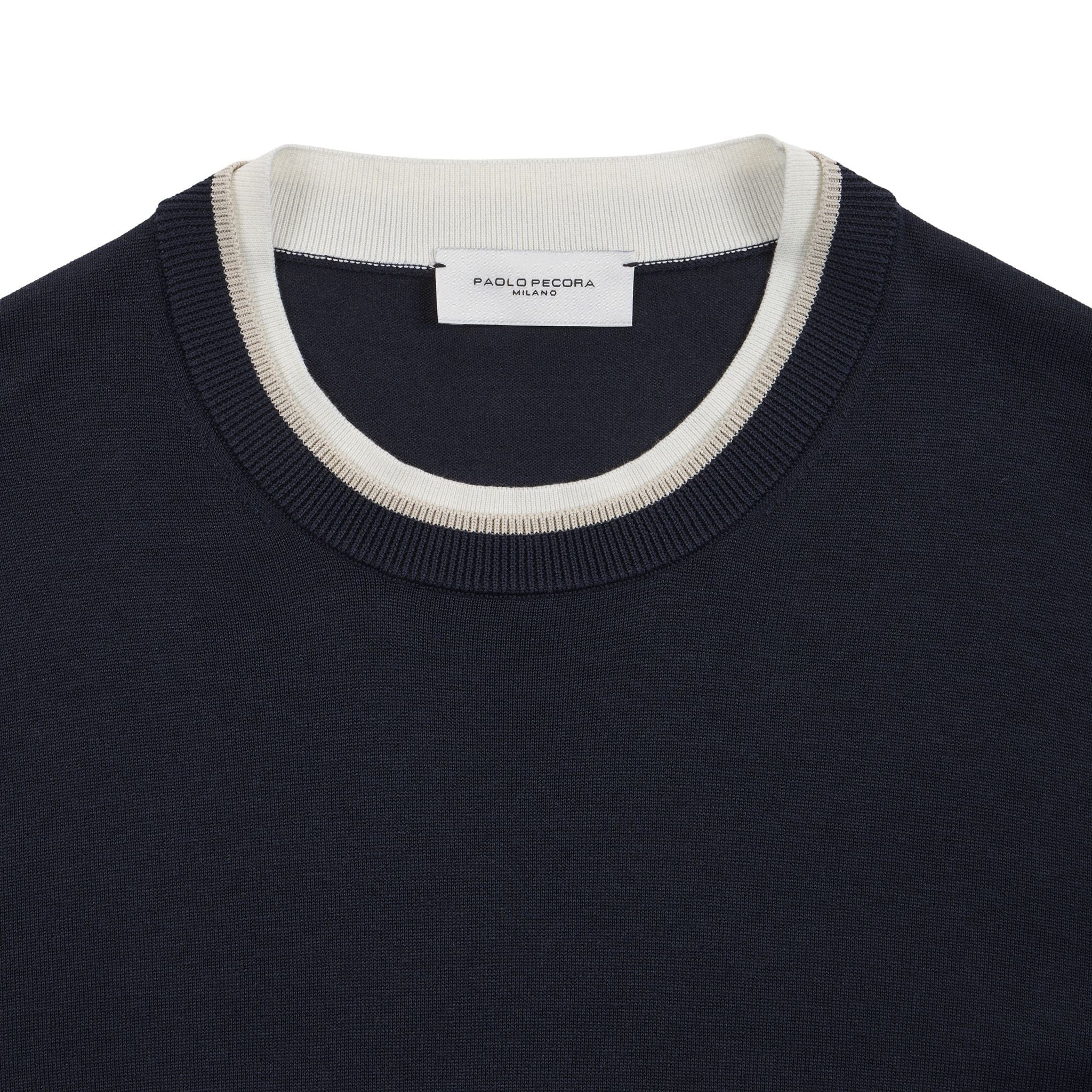 Maglia Girocollo in Seta Cotone con Profili a Contrasto Blu Maglia Girocollo Paolo Pecora