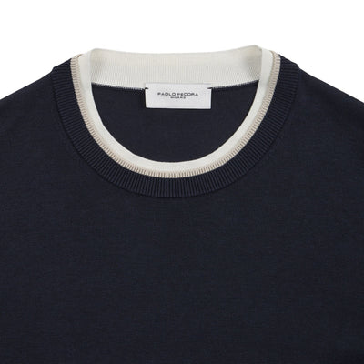 Maglia Girocollo in Seta Cotone con Profili a Contrasto Blu Maglia Girocollo Paolo Pecora