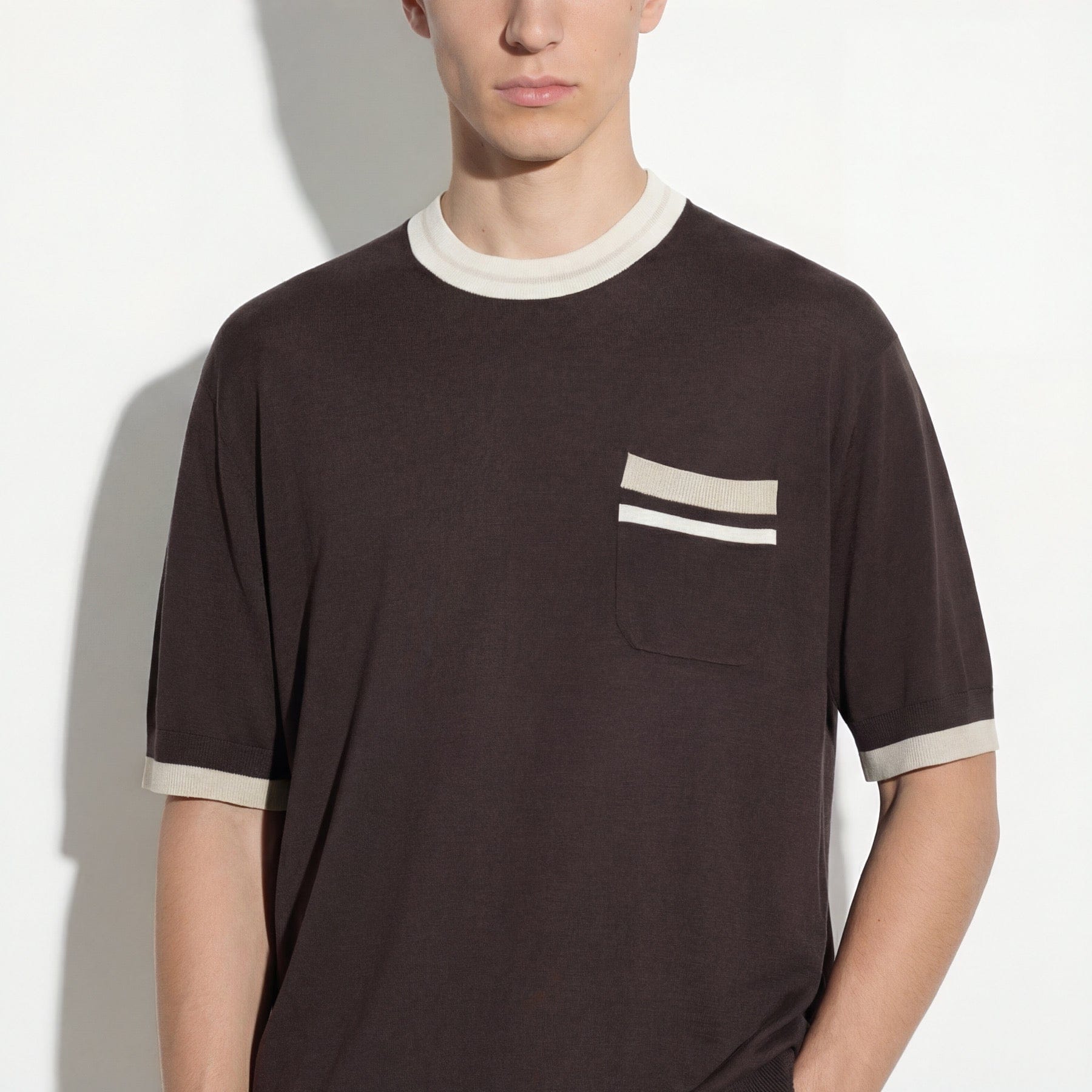 Maglia Girocollo Loose Fit in Seta Cotone con Profili a Contrasto Marrone Scuro Maglia Girocollo Paolo Pecora