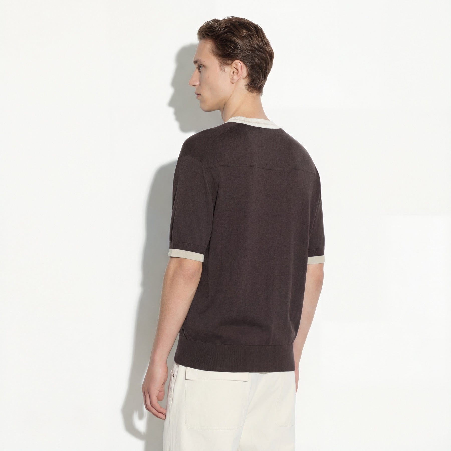 Maglia Girocollo Loose Fit in Seta Cotone con Profili a Contrasto Marrone Scuro Maglia Girocollo Paolo Pecora