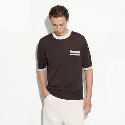 Maglia Girocollo Loose Fit in Seta Cotone con Profili a Contrasto Marrone Scuro Maglia Girocollo Paolo Pecora