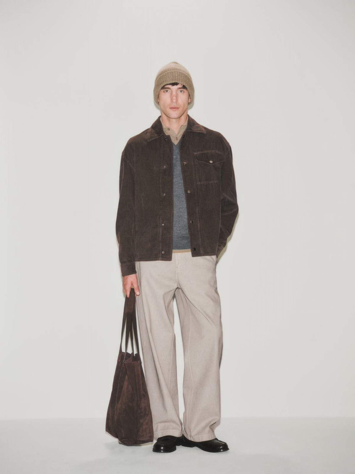 Loose Fit Polo Shirt in Extrafine Merino Wool Melange Grey and Greige