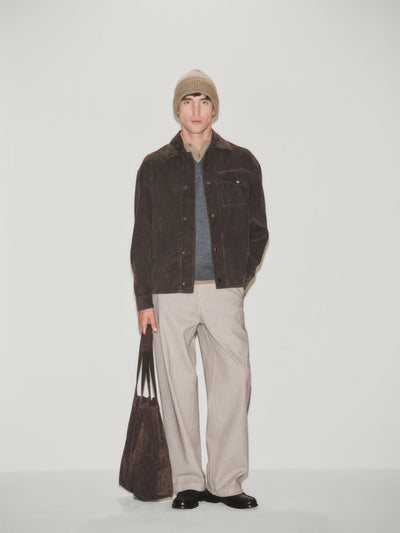 Loose Fit Polo Shirt in Extrafine Merino Wool Melange Grey and Greige